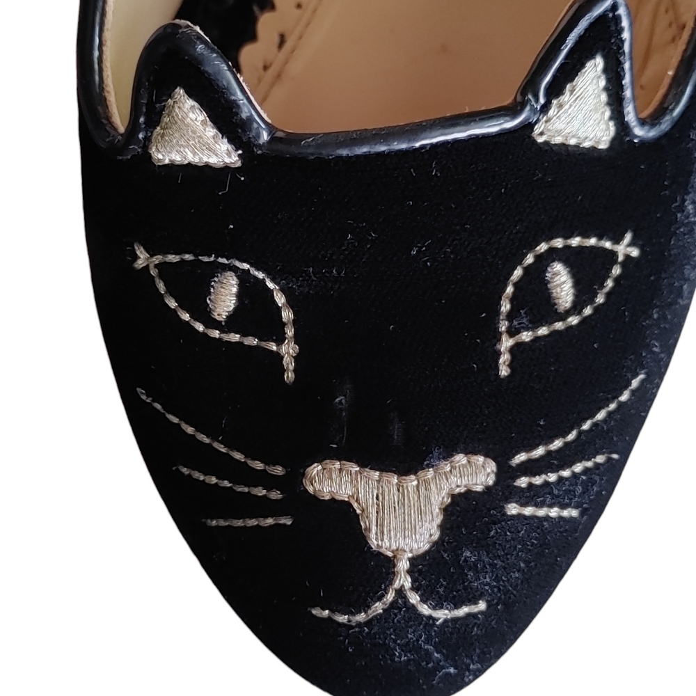 Charlotte Olympia Black Embroidered Velvet Kitty Cat Pumps Size 39 1/2 - Picture 11 of 11